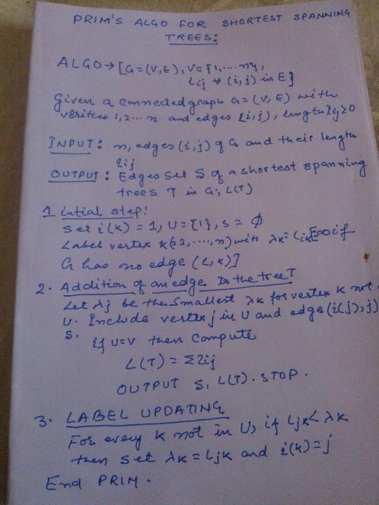 Prim's algorithm handwritten research note by Nitish Kumar